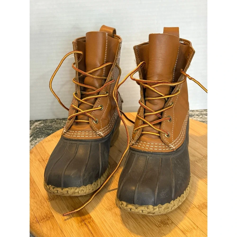 LL Bean Bean Boots Waterproof Leather Rubber Brown‎ Orange Laces Women Size